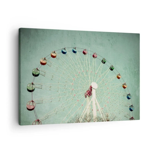 Obraz na płótnie - Kolorowy diabelski młyn na tle błękitnego nieba w stylu retro - 70x50cm - Zapraszamy do zabawy - Nowoczesna dekoracja ścienna do salonu i sypialni ARTTOR