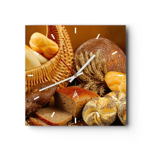 Zegar ścienny - Różnorodne pieczywo w wiklinowym koszu na tle złotym - 30x30cm - Znowu się nam upiekło - Nowoczesna dekoracja ścienna do salonu i sypialni ARTTOR