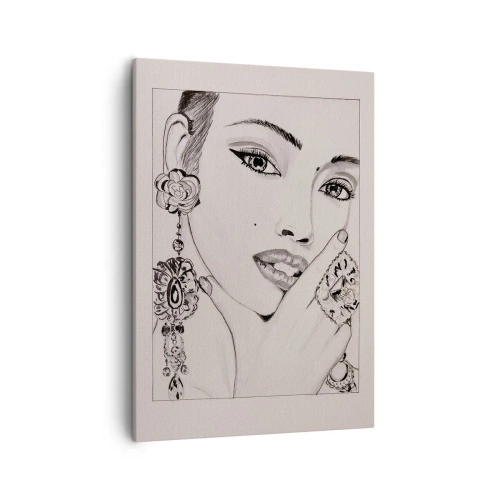 Obraz na płótnie - Szkic kobiecej twarzy z ozdobnymi kolczykami i pierścionkami - 50x70cm - Najpiękniejszy klejnot - Nowoczesna dekoracja ścienna do salonu, kuchni i sypialni ARTTOR