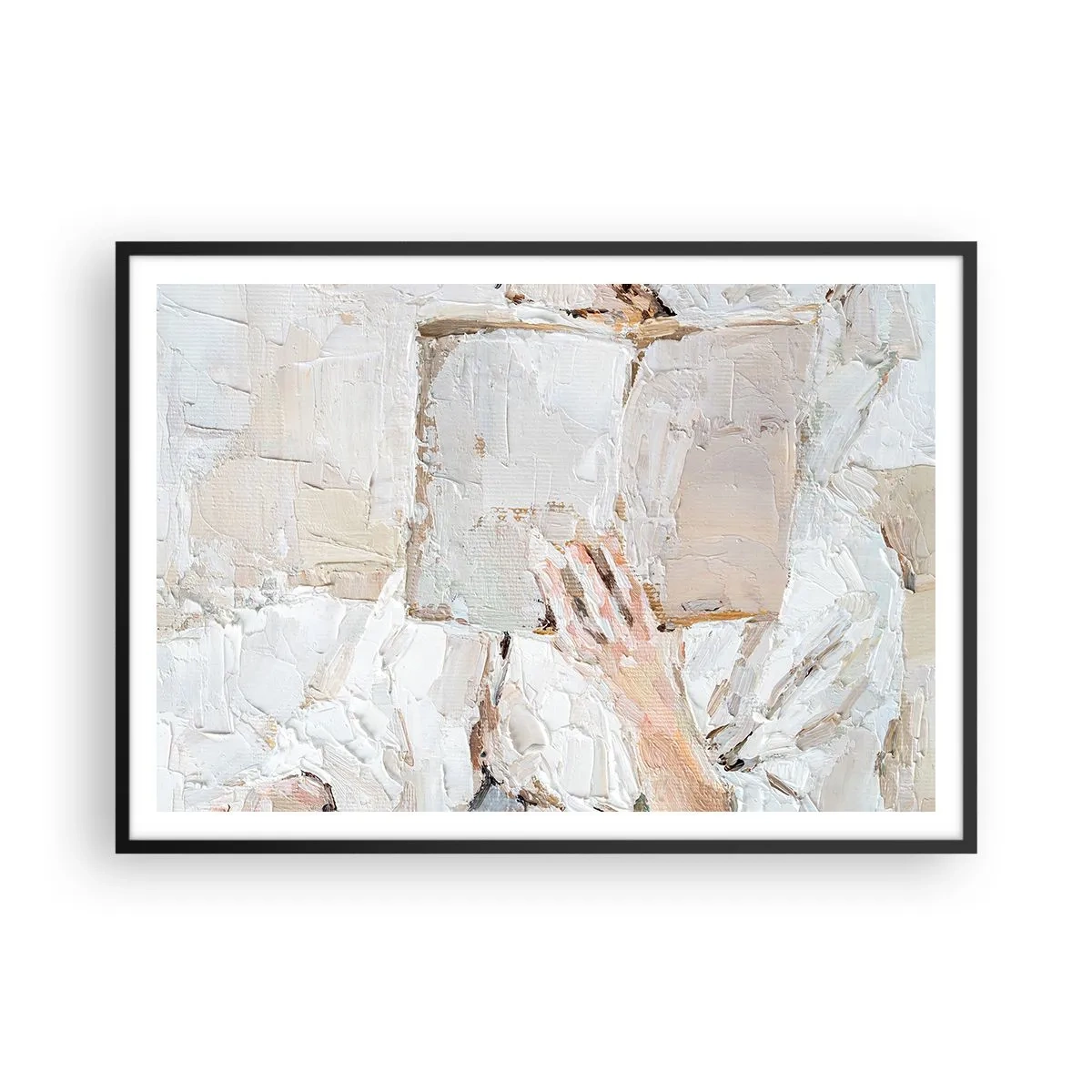 Plakat w czarnej ramie - Impresjonistyczny obraz dłoni trzymającej otwartą książkę - 100x70cm - W innym świecie - Nowoczesna dekoracja ścienna do salonu i sypialni ARTTOR