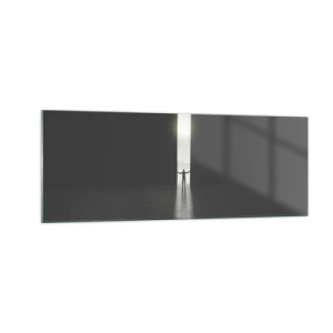 Obraz na szkle - Człowiek stojący w świetle wąskiej szczeliny w ciemnej przestrzeni - 140x50cm - Krok do jasnej przyszłości - Nowoczesna dekoracja ścienna do salonu i sypialni ARTTOR