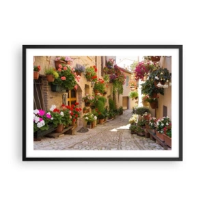 Plakat w czarnej ramie - Uliczka z kwiatami w donicach i kamiennymi ścianami - 70x50cm - W kwiatów powodzi - Nowoczesna dekoracja ścienna do salonu i sypialni ARTTOR
