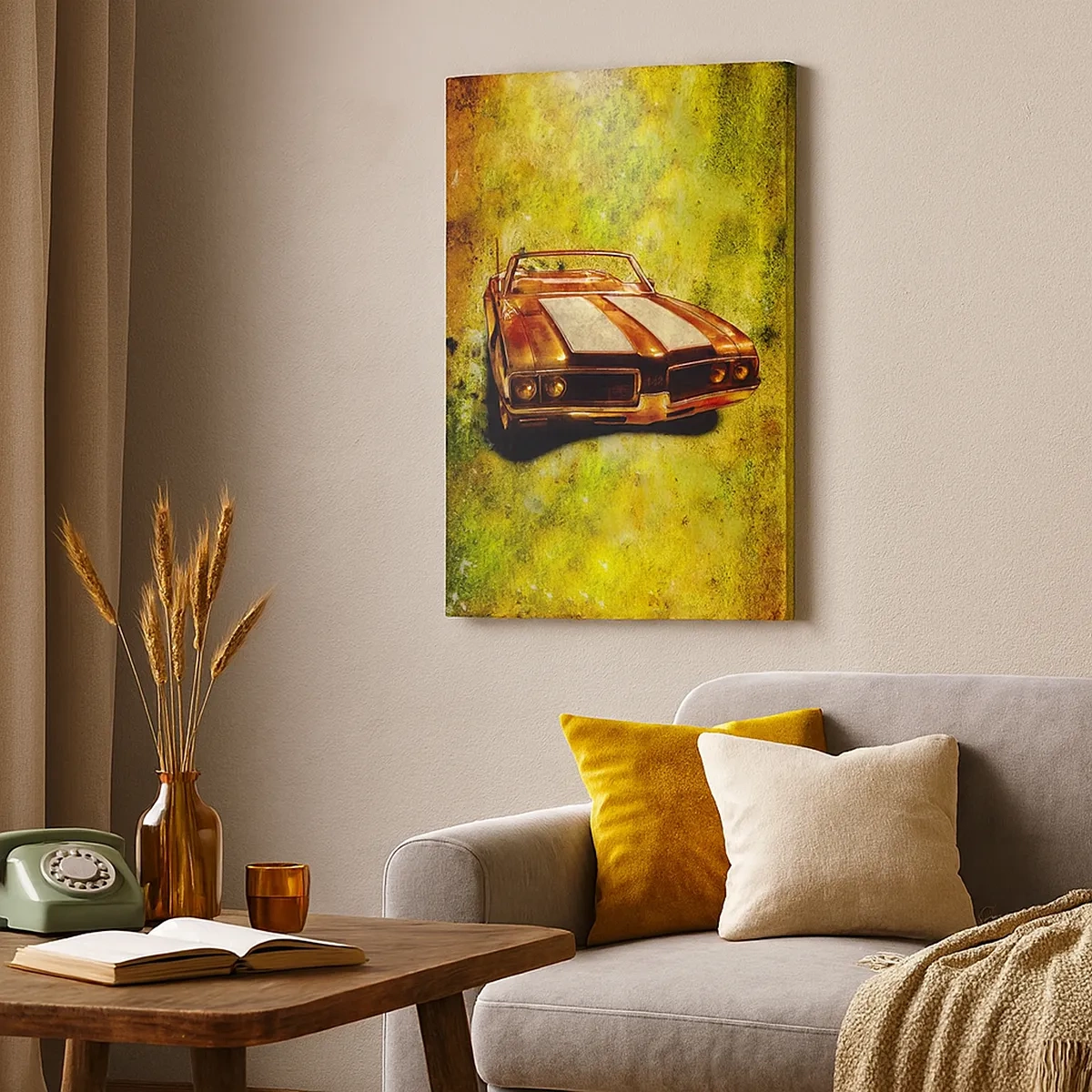 Obraz na płótnie - Kabriolet w dynamicznym stylu retro - 50x70cm - Moc zaklęta w kształtach - Nowoczesna dekoracja ścienna do salonu, kuchni i sypialni ARTTOR