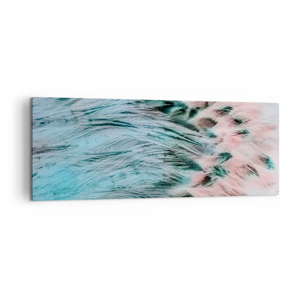 Obraz na płótnie - Zbliżenie na pióra w pastelowych szafirowo-różowych barwach - 140x50cm - Szafirowo-różowy puch - Nowoczesna dekoracja ścienna do salonu i sypialni ARTTOR