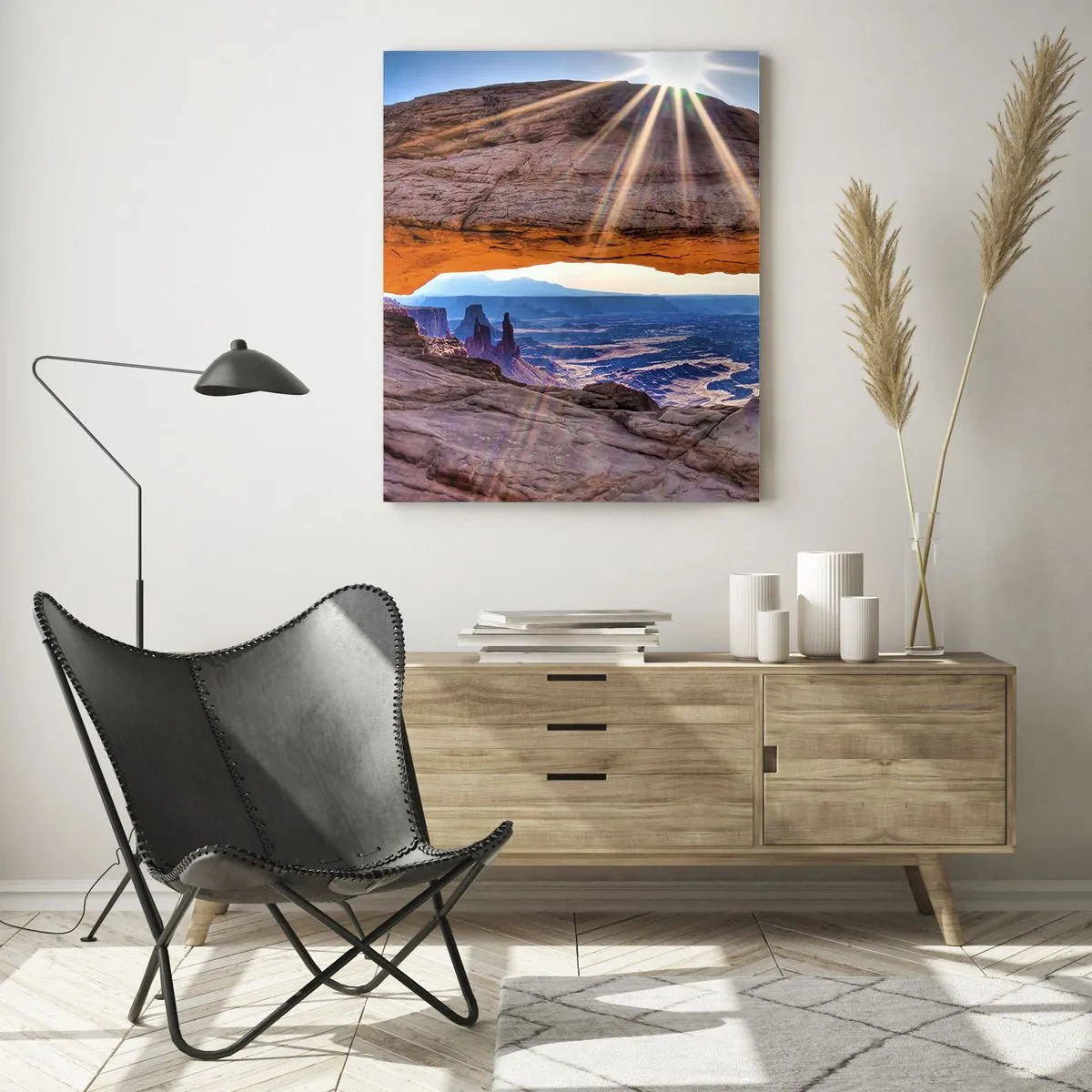 Obraz na szkle - Skalny łuk z promieniami słońca na tle krajobrazu - 50x70cm - Przez skalną bramę - Nowoczesna dekoracja ścienna do salonu, kuchni i sypialni ARTTOR