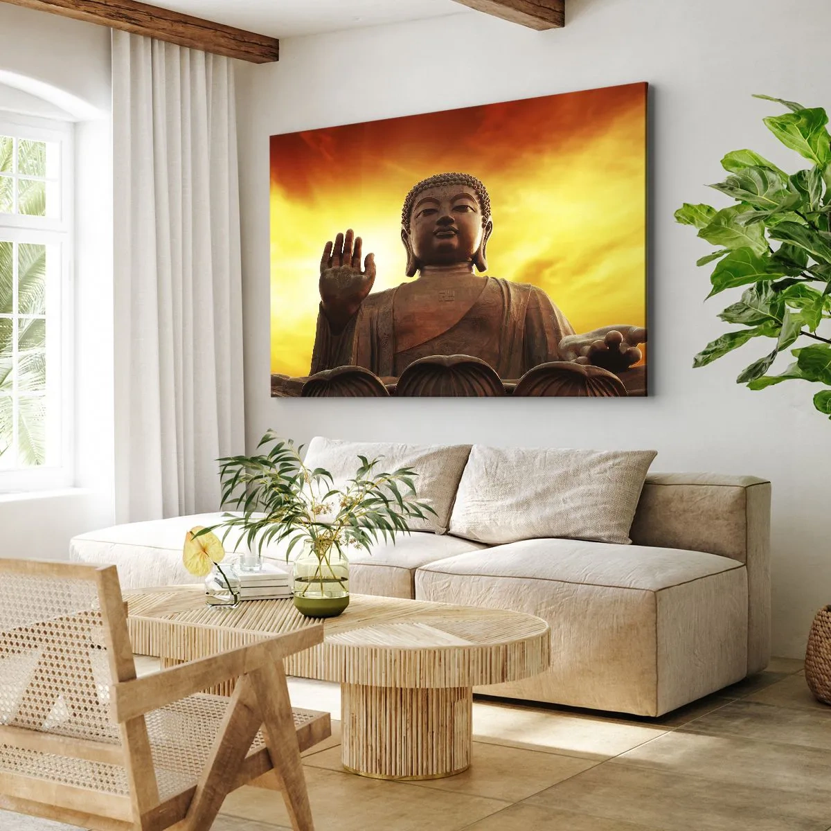 Obraz na płótnie - Posąg Buddy na tle złotego nieba o zachodzie słońca - 120x80cm - Spokój świata - Nowoczesna dekoracja ścienna do salonu, kuchni i sypialni ARTTOR