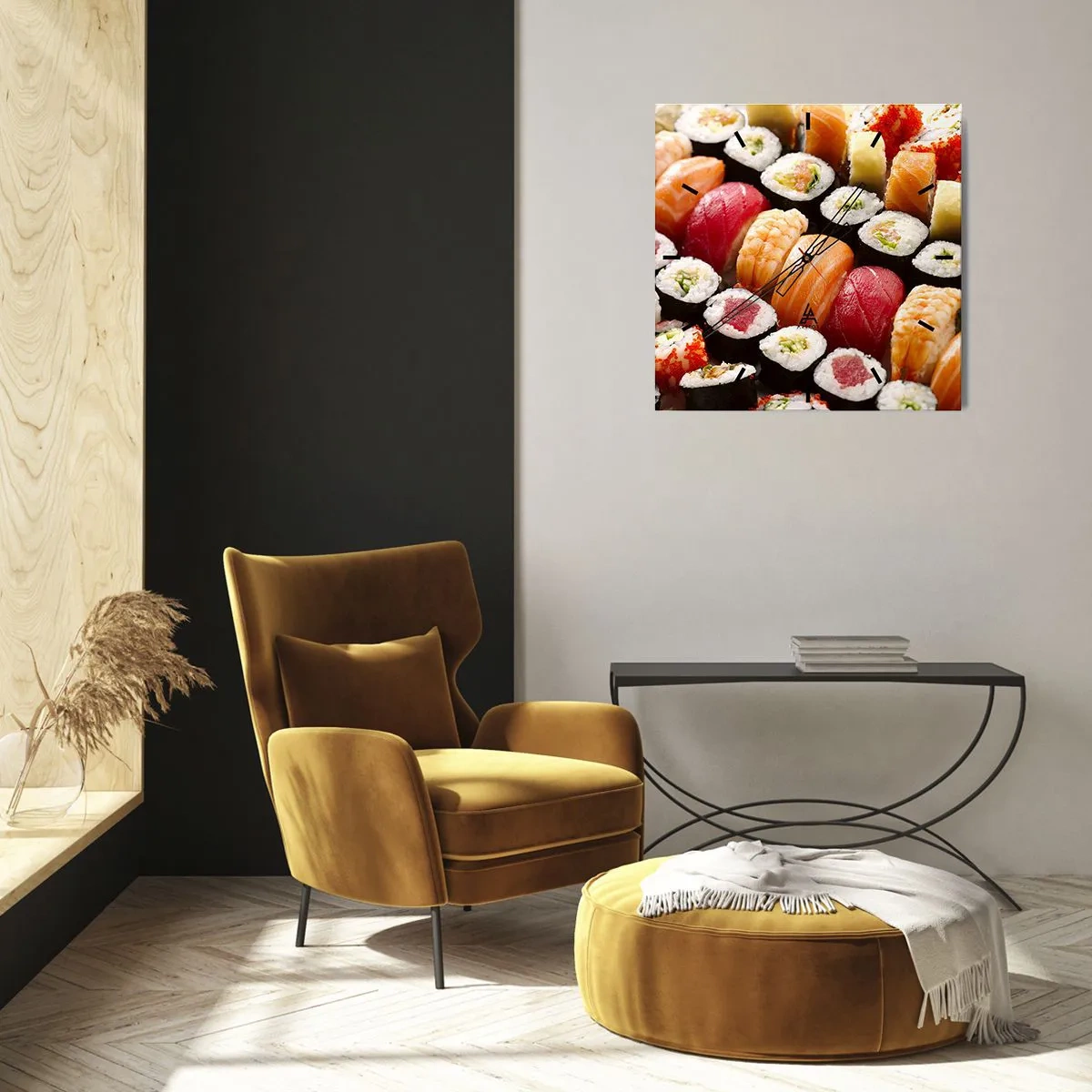 Zegar ścienny - Kolorowe sushi ułożone w rzędy z różnorodnymi dodatkami - 30x30cm - Barwy i smaki Azji - Nowoczesna dekoracja ścienna do salonu i sypialni ARTTOR