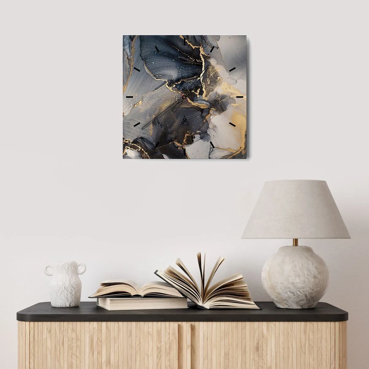 Zegar ścienny - Abstrakcyjne złoto i szarość na płótnie - 30x30cm - Życie kamienia - Nowoczesna dekoracja ścienna do salonu i sypialni ARTTOR