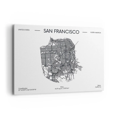 Obraz na płótnie - Mapa San Francisco w czarno-białym stylu minimalistycznym - 100x70cm - Anatomia San Francisco - Nowoczesna dekoracja ścienna do salonu, kuchni i sypialni ARTTOR