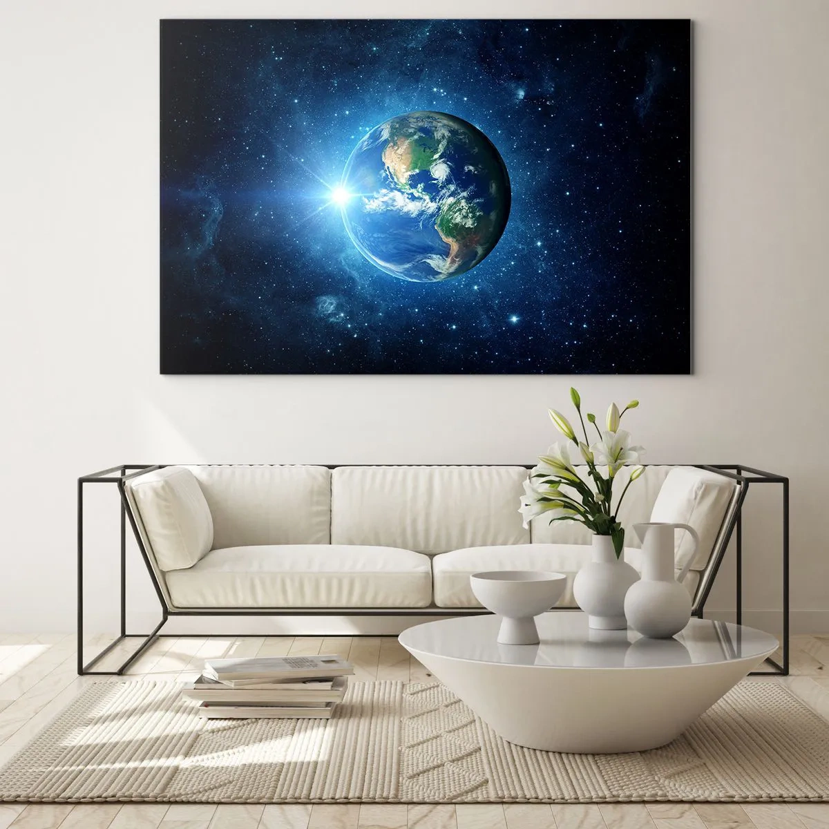 Obraz na szkle - Ziemia widziana z kosmosu z promieniami światła - 70x50cm - Jesteśmy w niebie - Nowoczesna dekoracja ścienna do salonu i sypialni ARTTOR