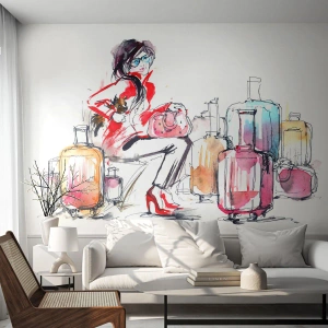 Fototapeta Premium Canvas - Kobieta z walizkami w dynamicznej akwarelowej ilustracji - 100x70cm - Siądźmy przed podróżą - Nowoczesna dekoracja ścienna do salonu i sypialni ARTTOR