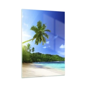 Obraz na szkle - Tropikalna plaża z palmami i krystalicznie czystą wodą - 50x70cm - Łagodny dotyk tropików - Nowoczesna dekoracja ścienna do salonu, kuchni i sypialni ARTTOR