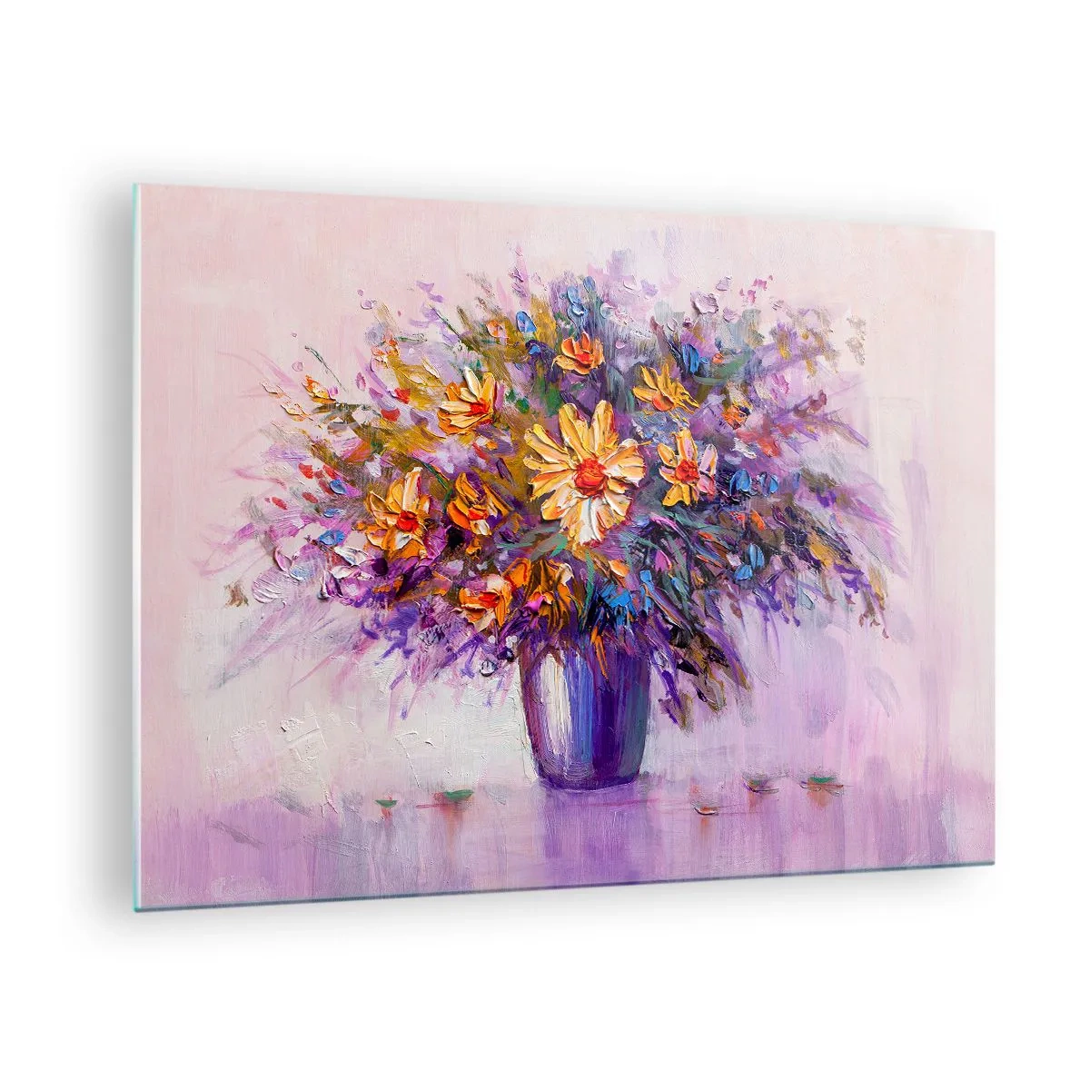 Obraz na szkle - Bukiet kolorowych kwiatów w wazonie na pastelowym tle - 70x50cm - Słodko pachnie, słodko wygląda - Nowoczesna dekoracja ścienna do salonu i sypialni ARTTOR