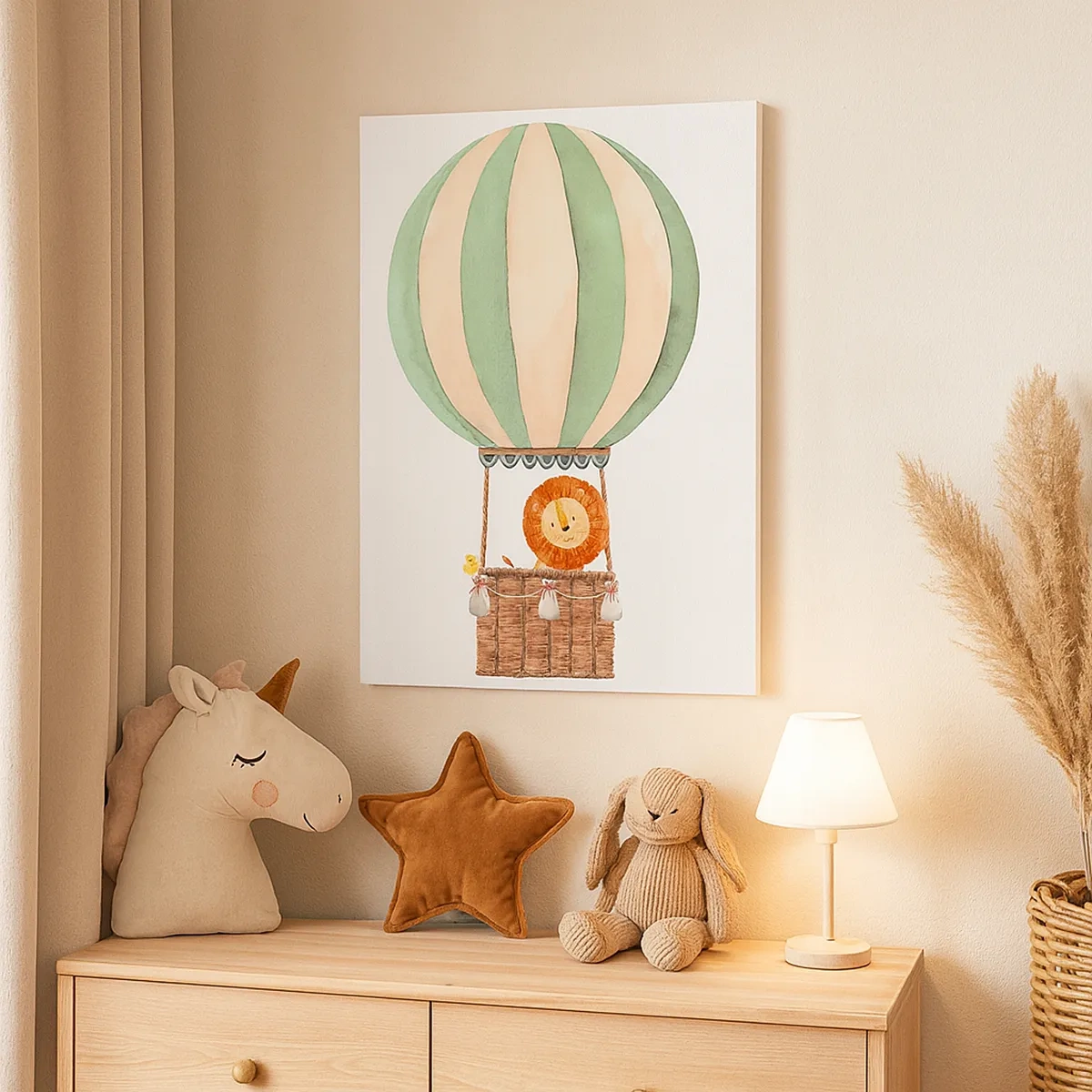 Obraz na płótnie - Urocza akwarelowa ilustracja lwa w balonie na białym tle - 50x70cm - Podróże Leona - Nowoczesna dekoracja ścienna do salonu, kuchni i sypialni ARTTOR