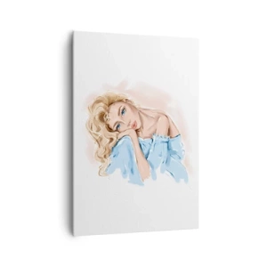 Obraz na płótnie - Portret kobiety w błękitnej sukni z blond włosami - 70x100cm - Rozmarzona w błękicie - Nowoczesna dekoracja ścienna do salonu i sypialni ARTTOR