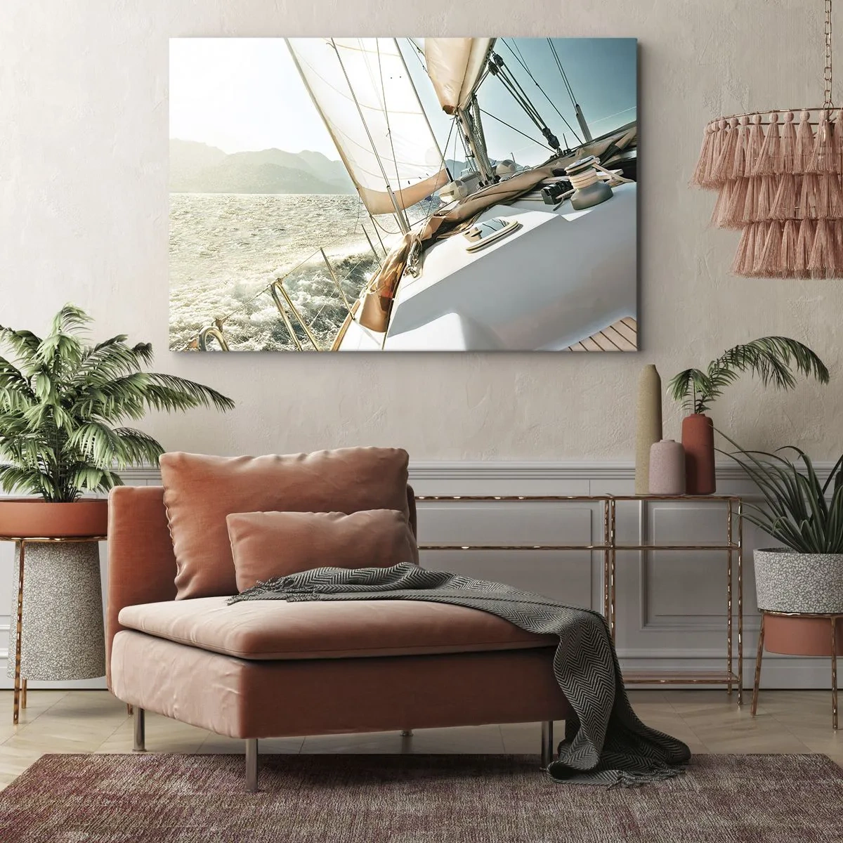 Obraz na płótnie - Jacht na otwartym morzu z widokiem na góry - 70x50cm - Pod pełnymi żaglami - Nowoczesna dekoracja ścienna do salonu i sypialni ARTTOR