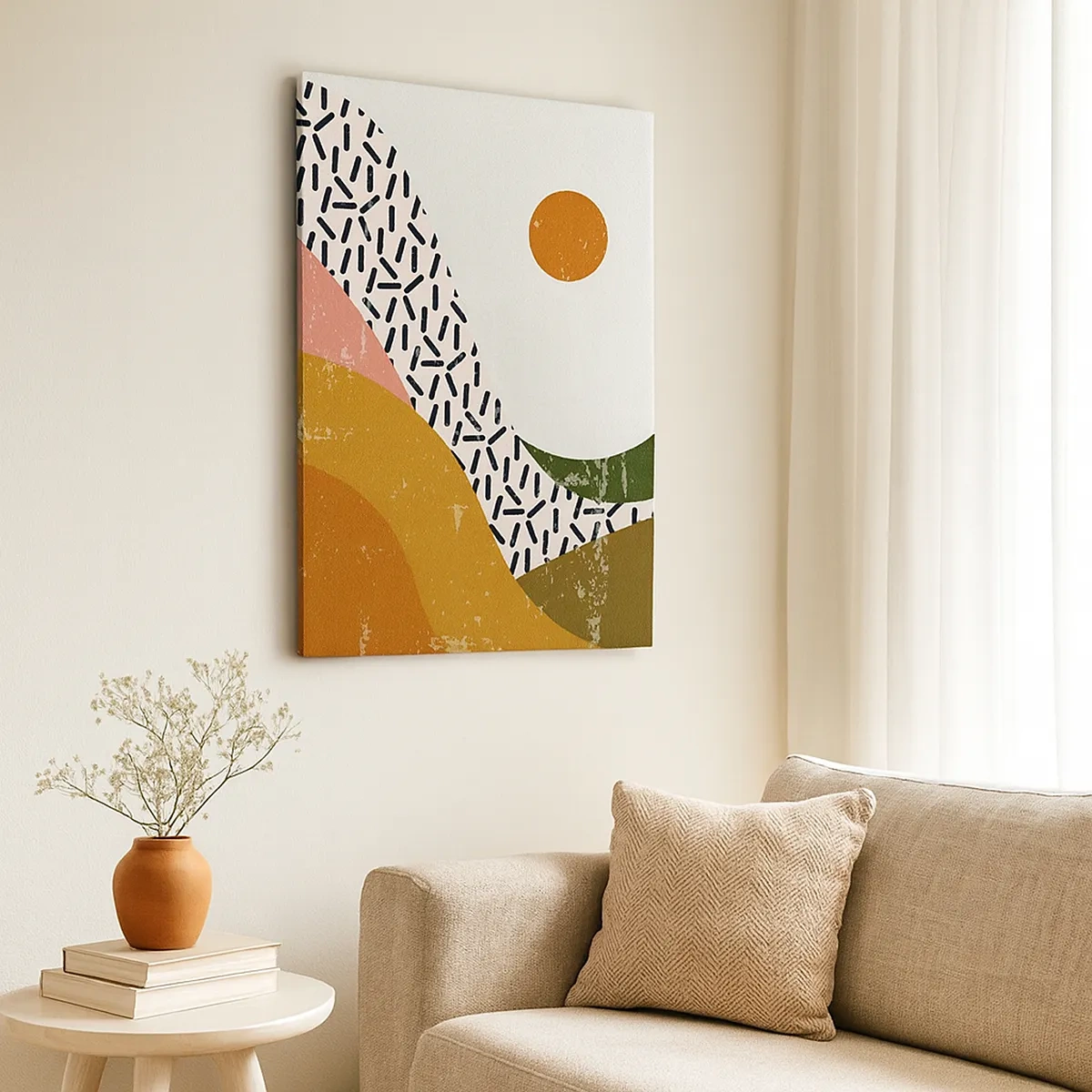 Obraz na płótnie - Kolorowa abstrakcja inspirowana krajobrazem górskim i słońcem - 50x70cm - Abstrakcja słoneczna - Nowoczesna dekoracja ścienna do salonu, kuchni i sypialni ARTTOR