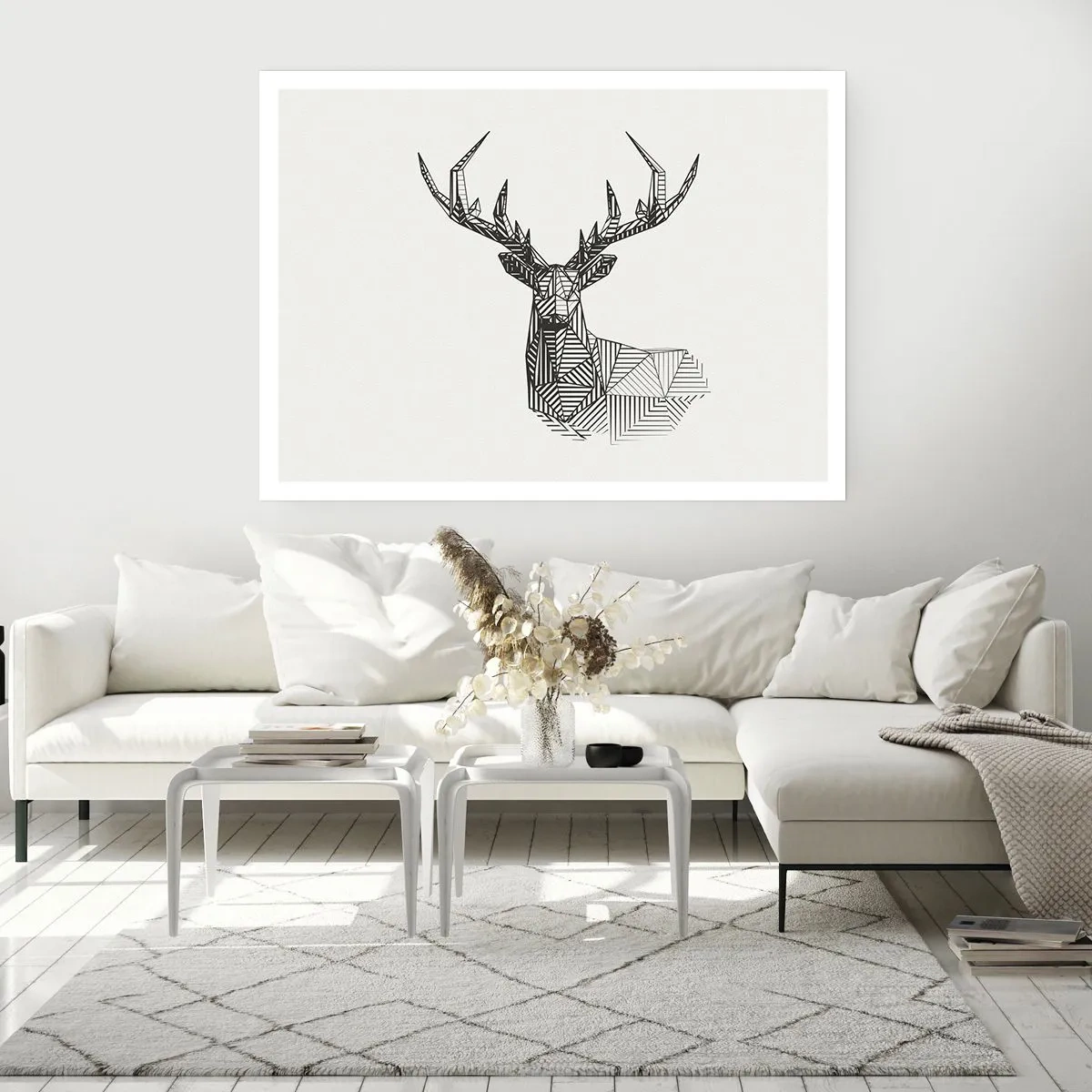 Plakat - Geometryczny wizerunek jelenia w minimalistycznym czarno-białym stylu - 100x70cm - Jeleń w kubistycznym stylu - Nowoczesna dekoracja ścienna do salonu i sypialni ARTTOR
