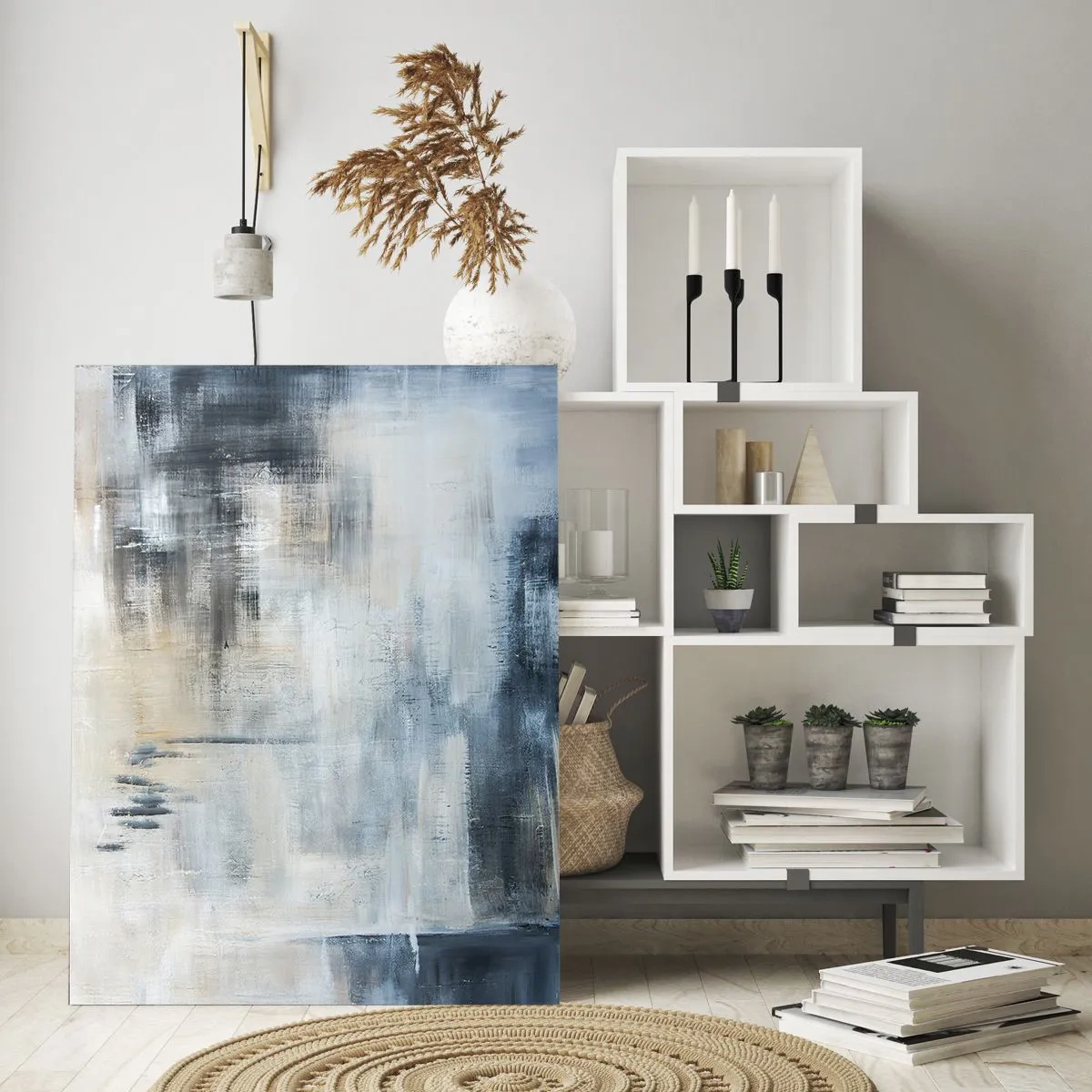 Obraz na szkle - Abstrakcyjna kompozycja w odcieniach błękitu i szarości - 50x70cm - Za zasłoną błękitu - Nowoczesna dekoracja ścienna do salonu, kuchni i sypialni ARTTOR