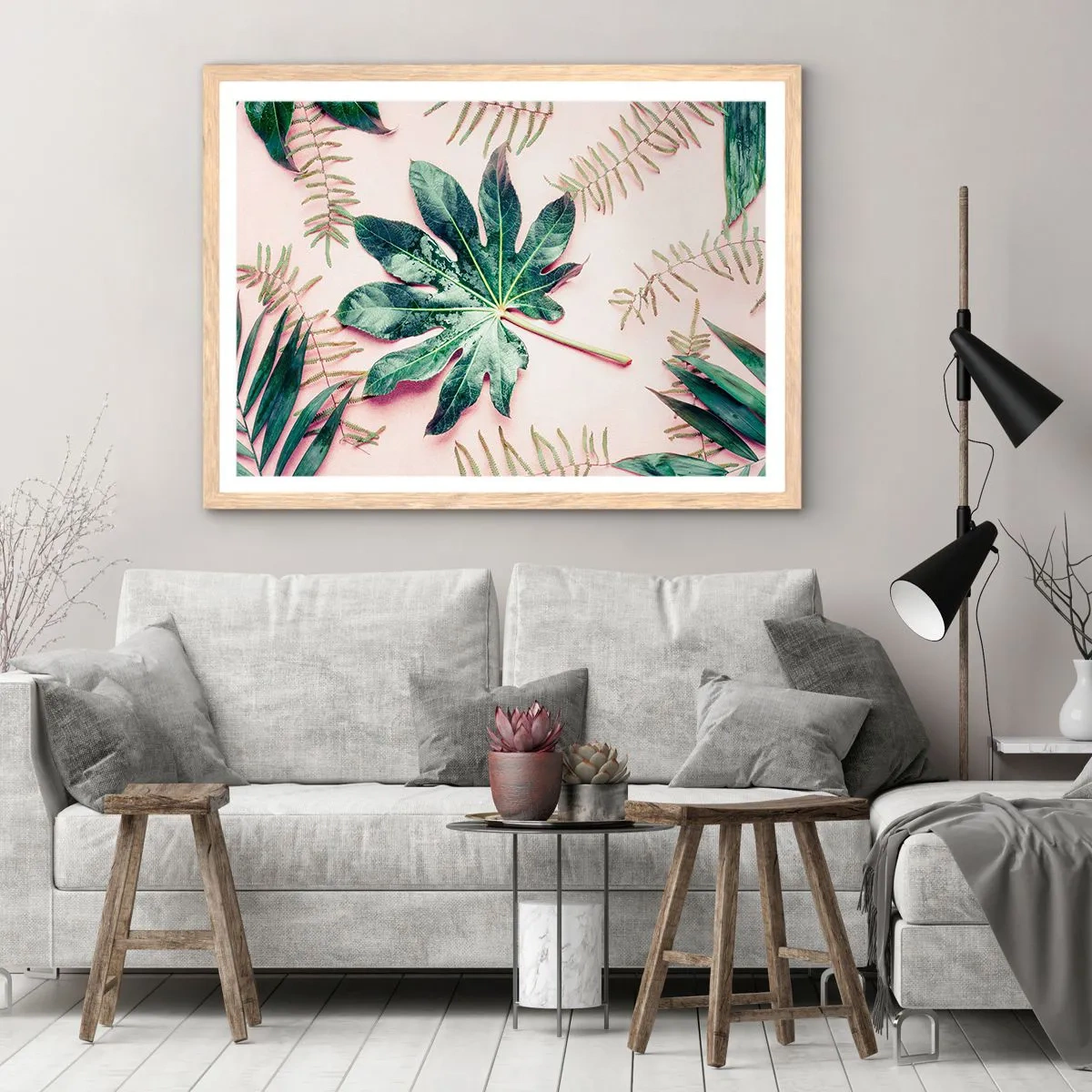 Plakat w ramie jasny dąb - Studium zieleni na różowym tle - 40x30 cm