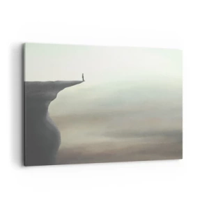 Obraz na płótnie - Sylwetka postaci na krawędzi urwiska w mglistym krajobrazie - 100x70cm - Do góry, oczywiście! - Nowoczesna dekoracja ścienna do salonu, kuchni i sypialni ARTTOR