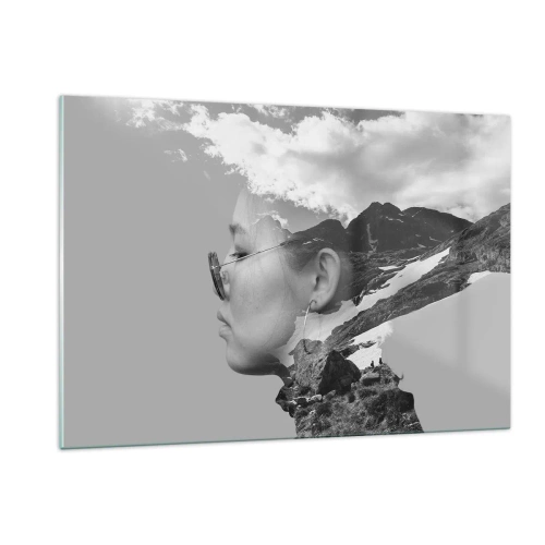 Obraz na szkle - A creative double exposure portrait with a mountain landscape and clouds - 120x80cm - Portret górny i chmurny - Nowoczesna dekoracja ścienna do salonu, kuchni i sypialni ARTTOR