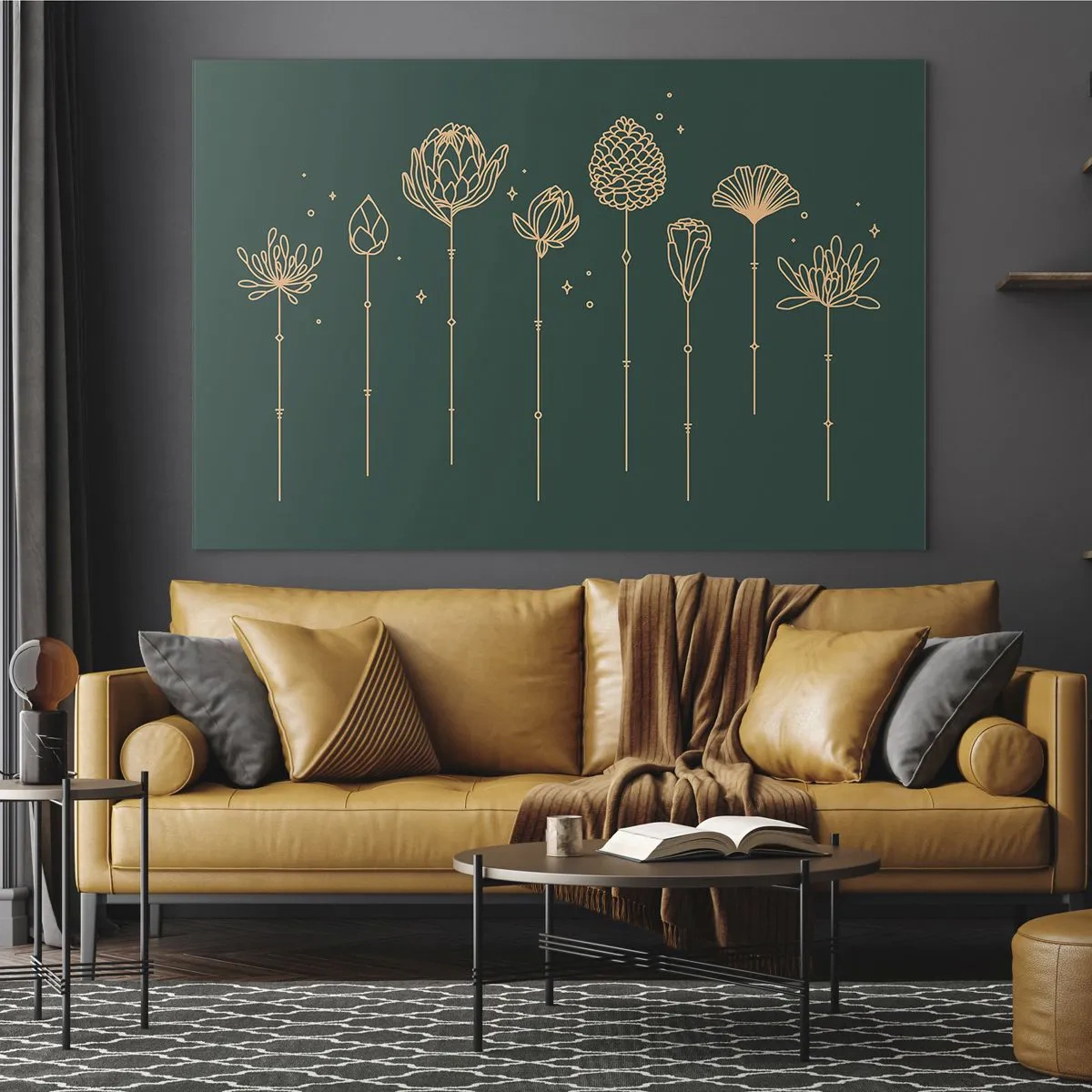 Obraz na szkle - Złote zarysy ziół i kwiatów na ciemnozielonym tle - 70x50cm - Rodzina ZIÓŁkowskich - Nowoczesna dekoracja ścienna do salonu i sypialni ARTTOR