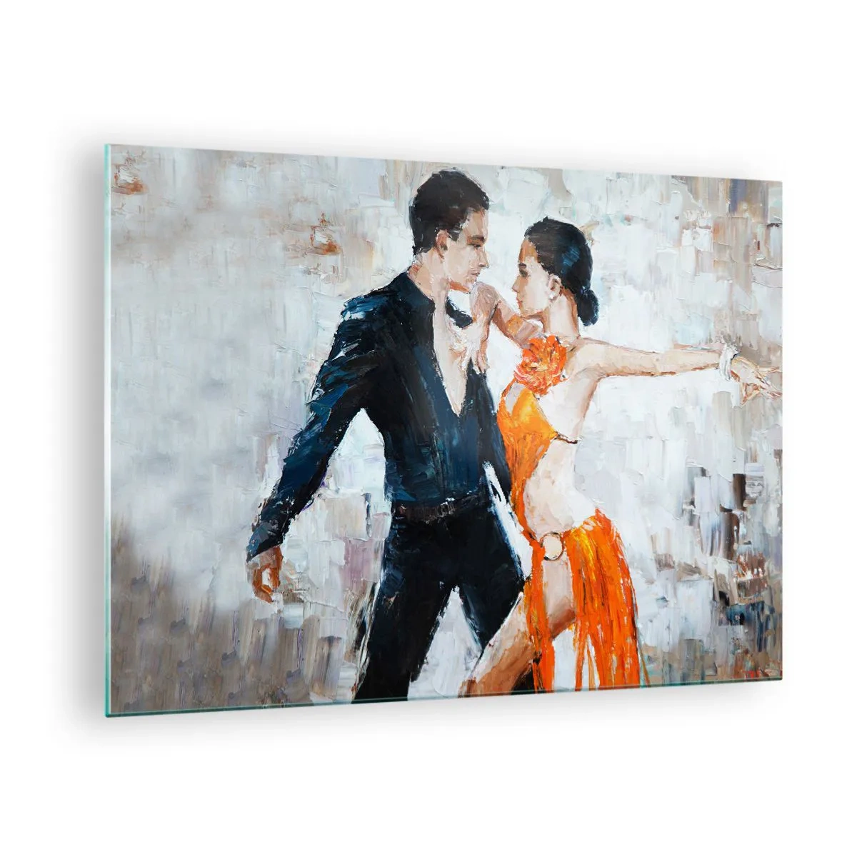 Obraz na szkle - Para tańcząca w dynamicznej pozie na tle w stylu impresjonistycznym - 70x50cm - Dirty dancing - Nowoczesna dekoracja ścienna do salonu i sypialni ARTTOR