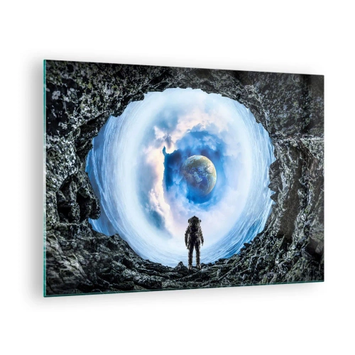 Obraz na szkle - Astronauta patrzący na Ziemię z wnętrza skalistej jaskini - 70x50cm - Już niedaleko do domu - Nowoczesna dekoracja ścienna do salonu i sypialni ARTTOR