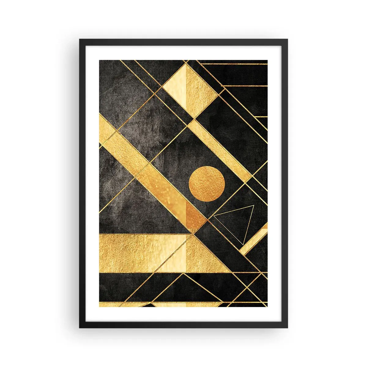 Plakat w czarnej ramie - Złote geometryczne wzory na czarnym tle - 50x70cm - Słońce pustyni - Nowoczesna dekoracja ścienna do salonu i sypialni ARTTOR