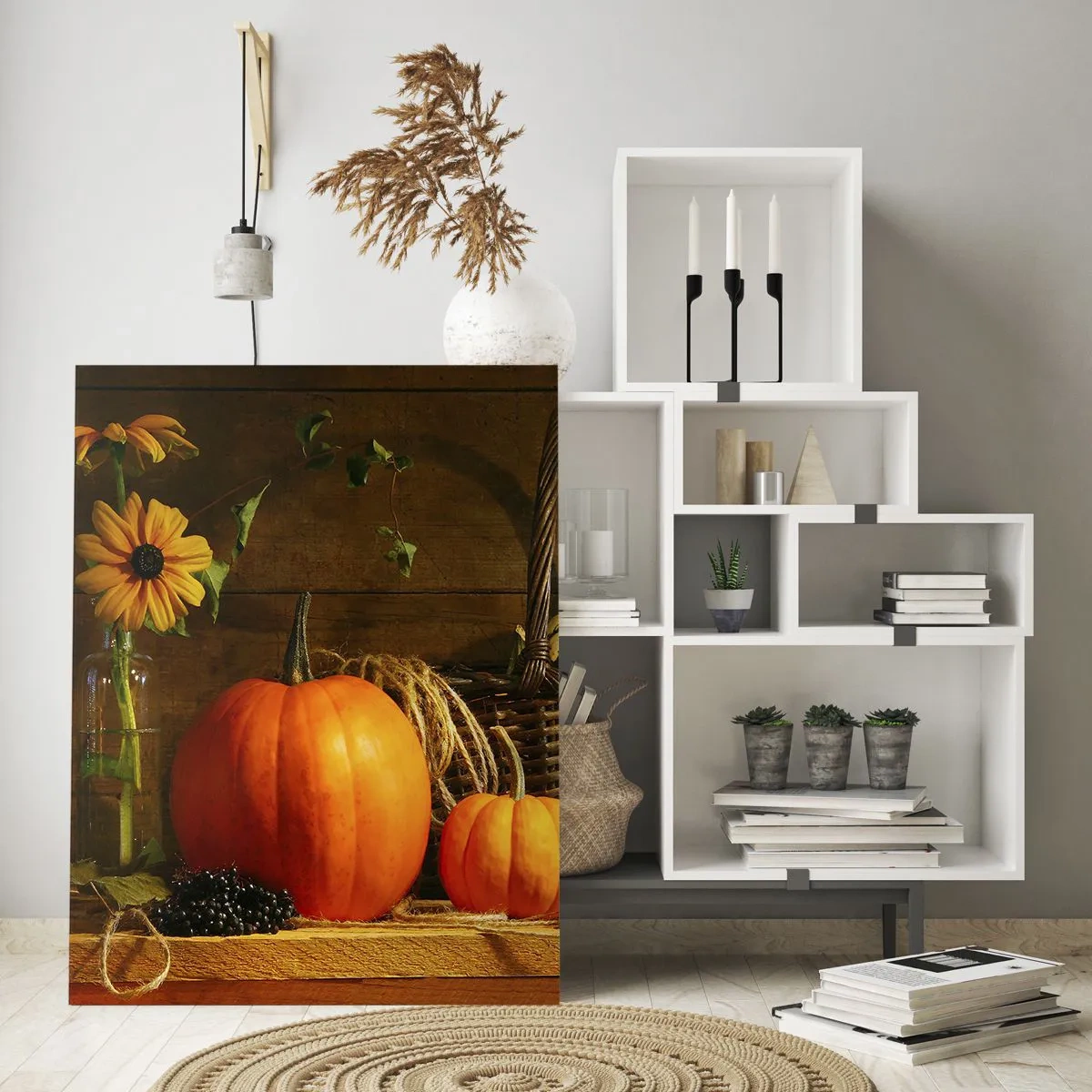 Obraz na szkle - Jesienna martwa natura z dyniami i kwiatami - 50x70cm - Rystykalna kompozycja - dary jesieni - Nowoczesna dekoracja ścienna do salonu, kuchni i sypialni ARTTOR