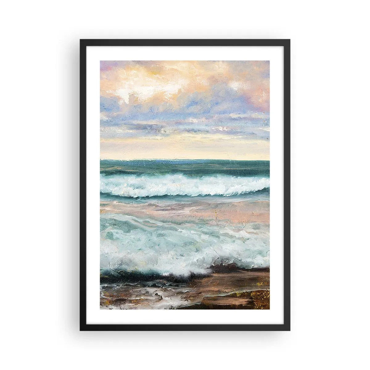 Plakat w czarnej ramie - Morskie fale o zachodzie słońca - 50x70cm - Tutaj wygładzisz duszę - Nowoczesna dekoracja ścienna do salonu i sypialni ARTTOR