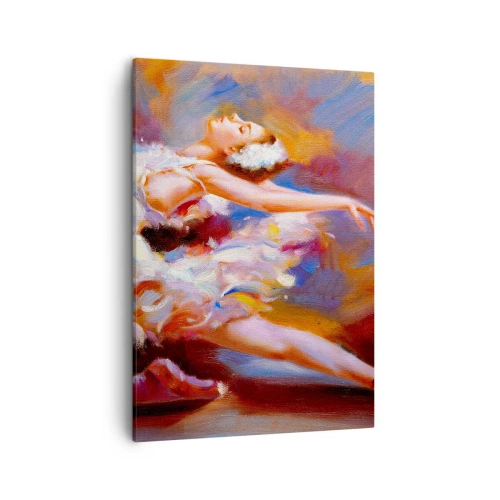 Obraz na płótnie - Baletnica w dynamicznej pozie na tle barwnego tła - 50x70cm - Łabędzia gracja - Nowoczesna dekoracja ścienna do salonu, kuchni i sypialni ARTTOR