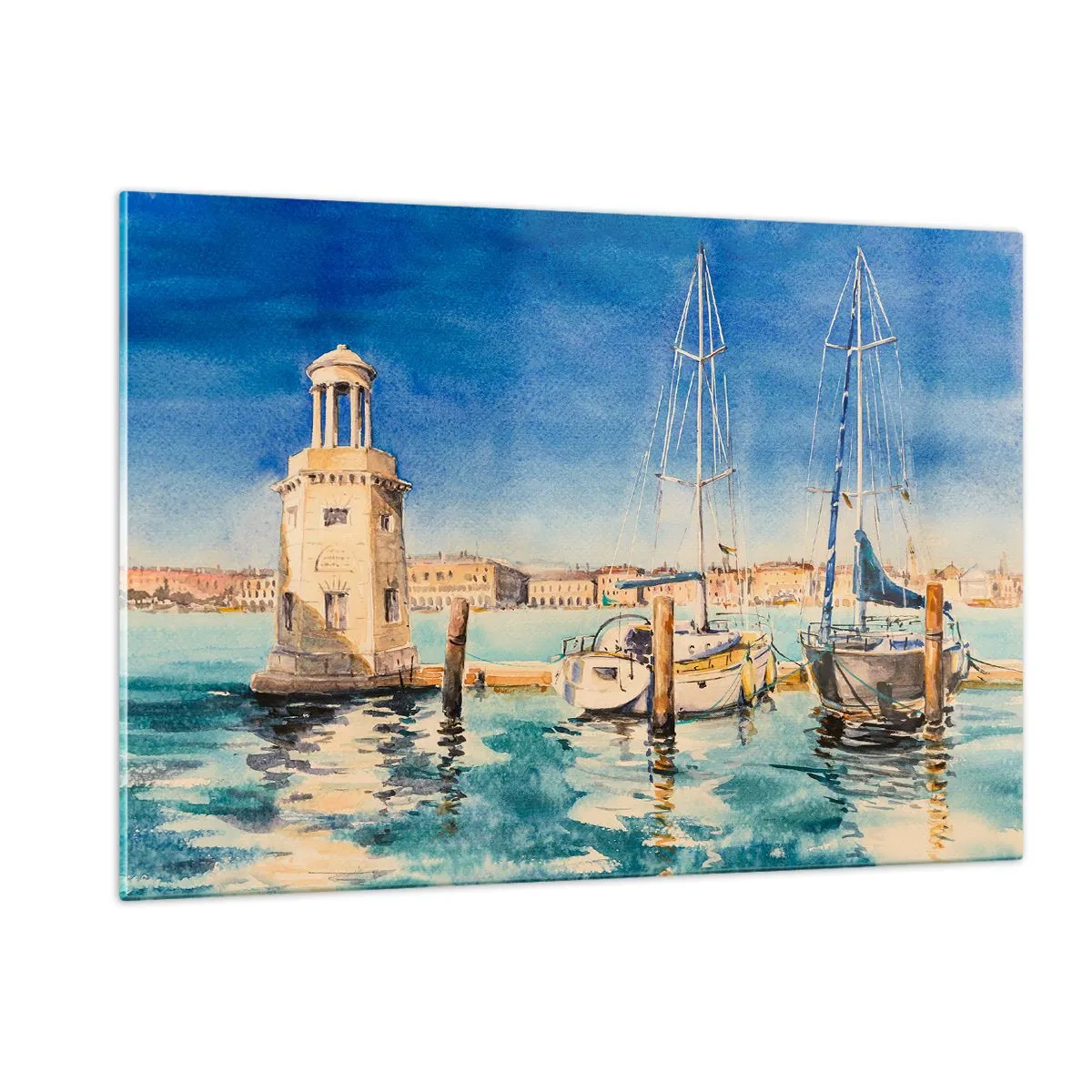 Obraz na szkle - Akwarelowa marina z latarnią i zacumowanymi jachtami - 120x80cm - Słoneczna laguna - Nowoczesna dekoracja ścienna do salonu, kuchni i sypialni ARTTOR