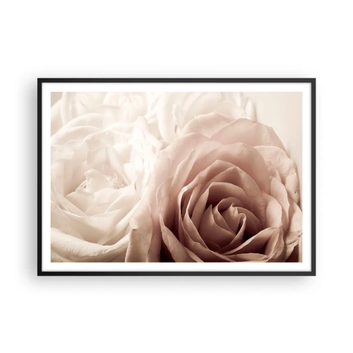 Plakat w czarnej ramie - Delikatne róże w pastelowych odcieniach beżu - 100x70cm - W sercu róży - Nowoczesna dekoracja ścienna do salonu i sypialni ARTTOR