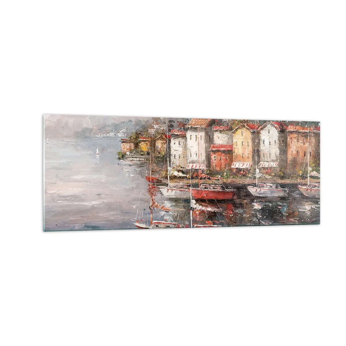 Obraz na szkle - Nadmorska sceneria z łodziami i kolorowymi domami - 140x50cm - Romantyczna przystań - Nowoczesna dekoracja ścienna do salonu i sypialni ARTTOR