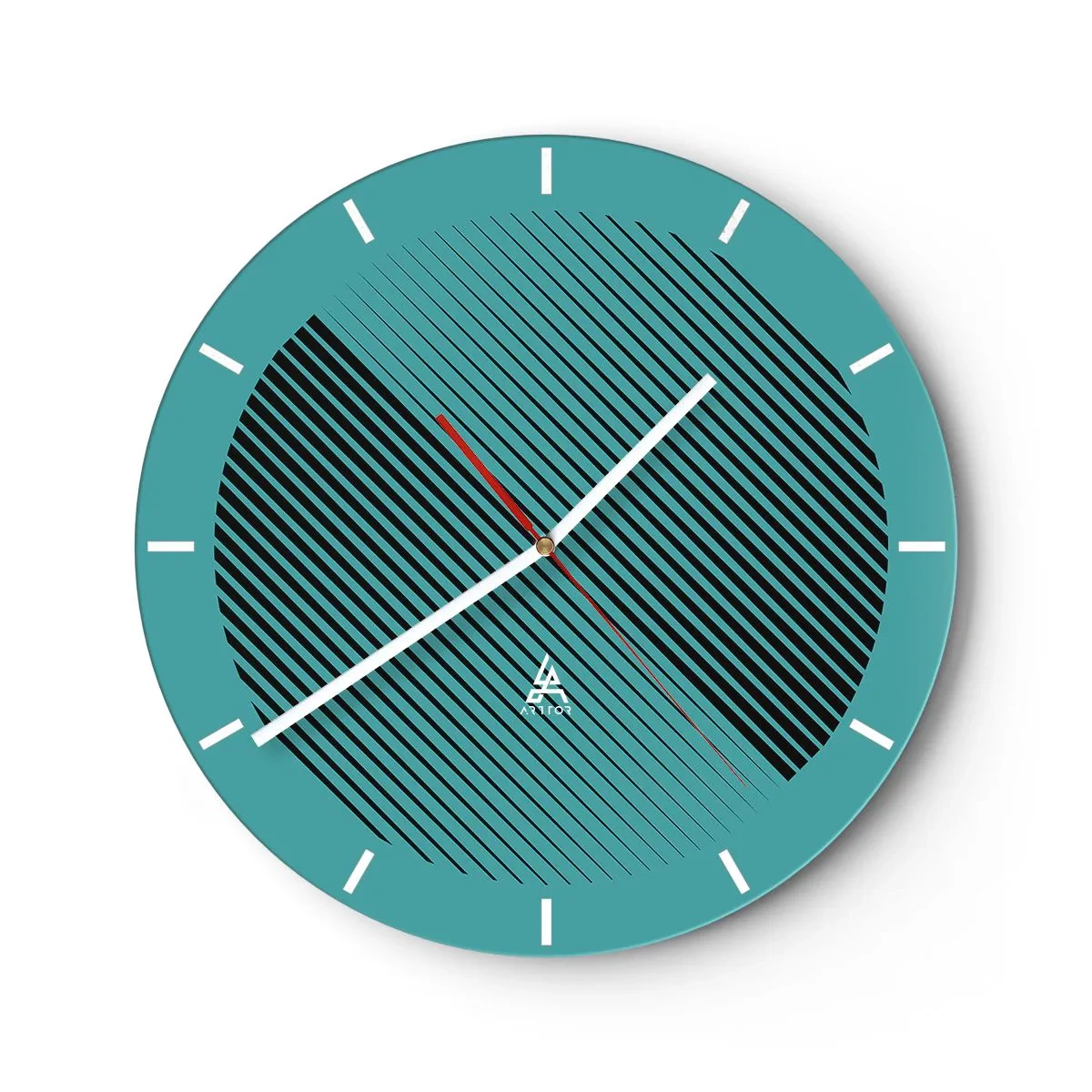Zegar ścienny - Turkusowe tło z czarnymi ukośnymi liniami w geometrycznym układzie - 30x30cm - Koło – geometryczna wariacja - Nowoczesna dekoracja ścienna do salonu, kuchni i sypialni ARTTOR