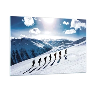 Obraz na szkle - Wspinaczka grupowa na ośnieżonym stoku w górach - 120x80cm - Drużyna zdobywców - Nowoczesna dekoracja ścienna do salonu, kuchni i sypialni ARTTOR