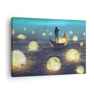Obraz na płótnie - Postać w łodzi w otoczeniu świetlistych kul na wodzie - 70x50cm - Rzeczy, o których się filozofom nie śniło - Nowoczesna dekoracja ścienna do salonu i sypialni ARTTOR