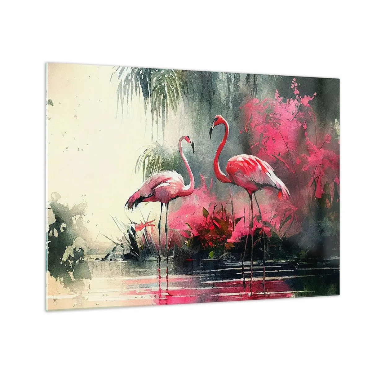 Obraz na szkle - Dwa flamingi w tropikalnym otoczeniu nad wodą - 70x50cm - Lekcja naturalnego wdzięku - Nowoczesna dekoracja ścienna do salonu i sypialni ARTTOR