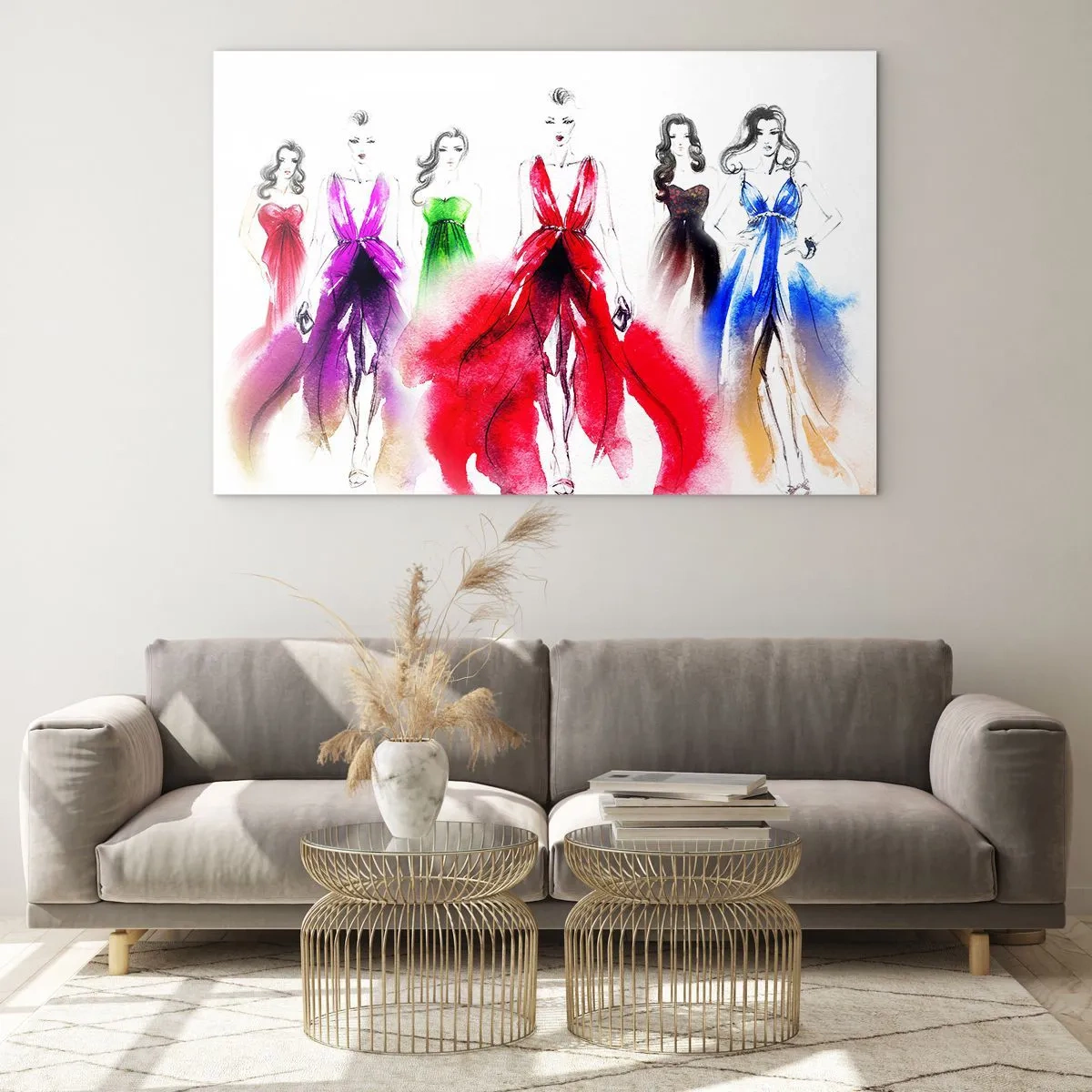 Obraz na szkle - Szkic kobiet w kolorowych sukniach wieczorowych - 70x50cm - Nastroje na stroje - Nowoczesna dekoracja ścienna do salonu i sypialni ARTTOR