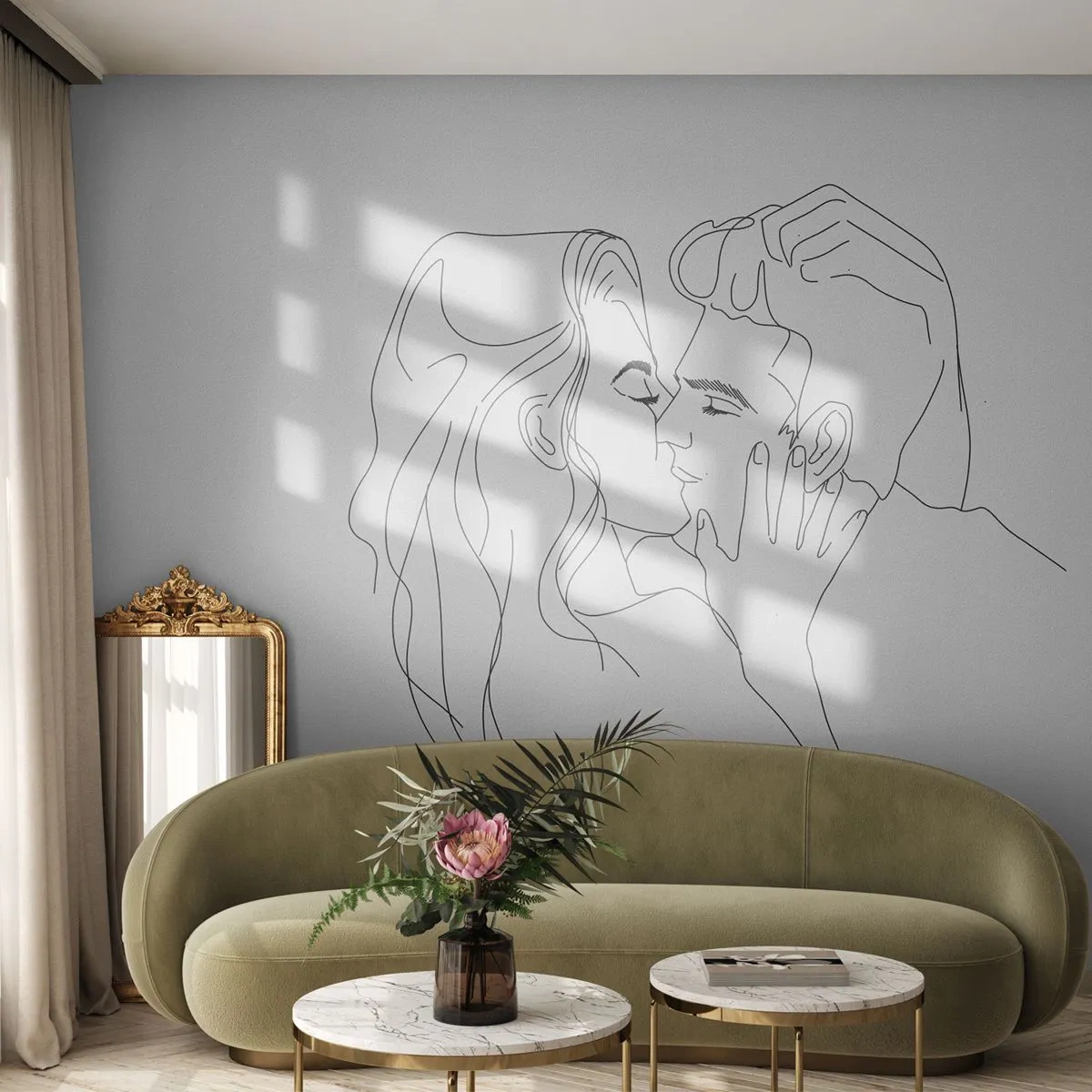 Fototapeta Premium Sand - Minimalistyczny rysunek zakochanej pary linią ciągłą - 100x70cm - Tą samą kreską - Nowoczesna dekoracja ścienna do salonu, kuchni i sypialni ARTTOR