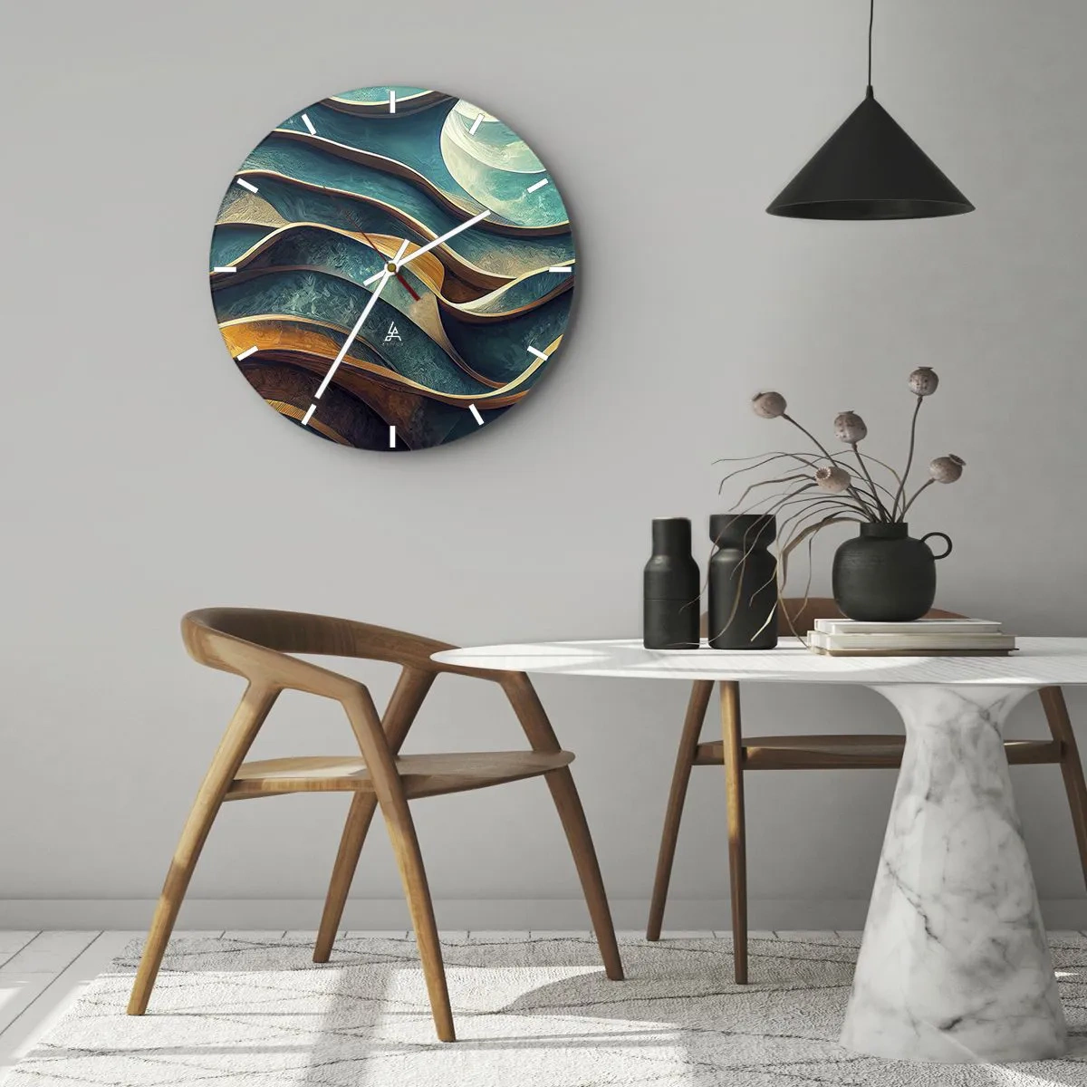 Zegar ścienny - Abstrakcyjne fale błękitu i brązu z efektem 3D - 30x30cm - Meandry błękitu - Nowoczesna dekoracja ścienna do salonu, kuchni i sypialni ARTTOR