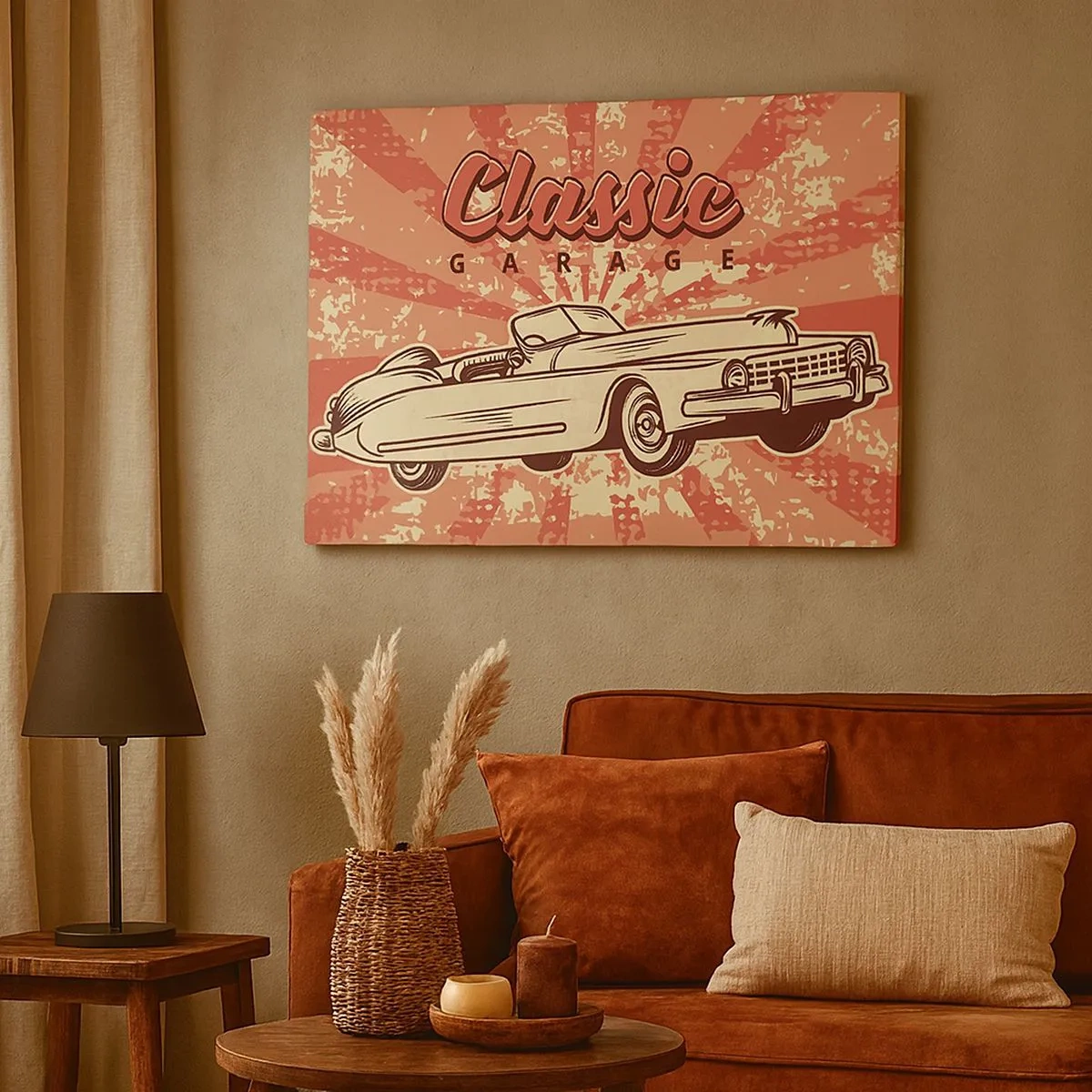 Obraz na płótnie - Retro plakat z klasycznym samochodem i napisem Classic Garage - 70x50cm - A w radiu Elvis - Nowoczesna dekoracja ścienna do salonu i sypialni ARTTOR