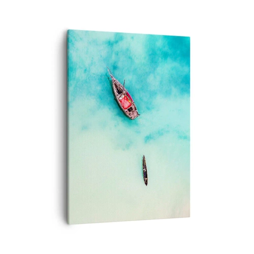 Obraz na płótnie - Drewniane łodzie na turkusowej wodzie z lotu ptaka - 50x70cm - Bo na plażach Zanzibaru, kiedy nadmiar wód… - Nowoczesna dekoracja ścienna do salonu, kuchni i sypialni ARTTOR