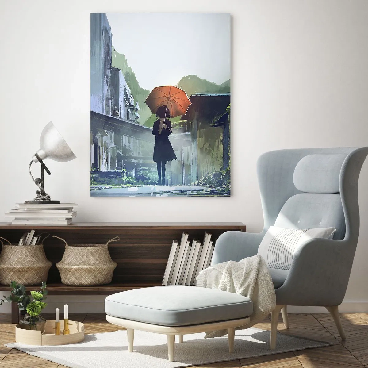 Obraz na szkle - Postać z pomarańczowym parasolem na deszczowej ulicy - 50x70cm - Ożywczy deszcz - Nowoczesna dekoracja ścienna do salonu, kuchni i sypialni ARTTOR