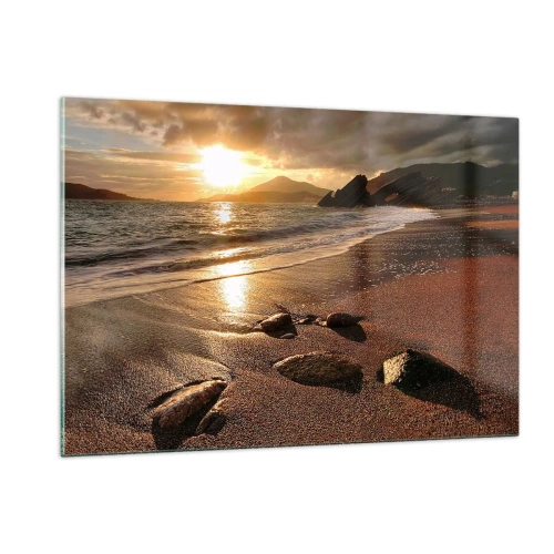 Obraz na szkle - Zachód słońca nad kamienistą plażą i wzgórzami - 120x80cm - Idź za słońcem ku wzgórzom - Nowoczesna dekoracja ścienna do salonu, kuchni i sypialni ARTTOR