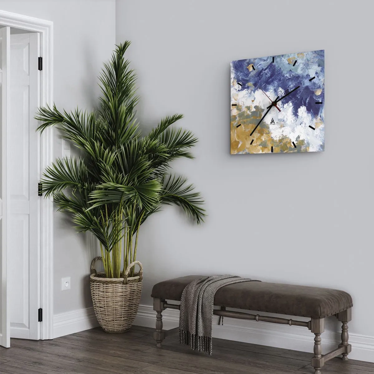 Zegar ścienny - Abstrakcja w odcieniach błękitu, bieli i złota - 30x30cm - Taniec żywiołów - Nowoczesna dekoracja ścienna do salonu i sypialni ARTTOR