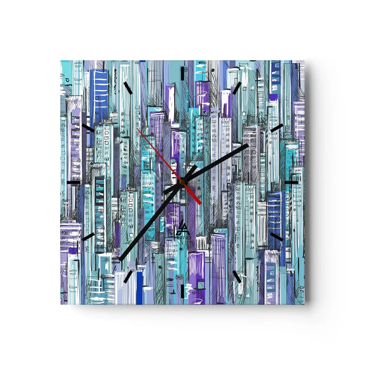 Zegar ścienny - Ilustracja miasta z geometrycznymi budynkami w odcieniach błękitu i fioletu - 30x30cm - Pobłękitniałe od nieba - Nowoczesna dekoracja ścienna do salonu i sypialni ARTTOR