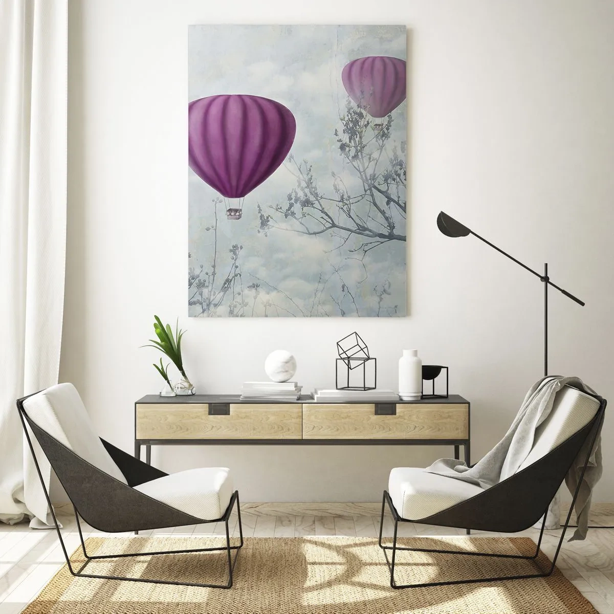 Obraz na szkle - Fioletowe balony unoszące się wśród chmur i gałęzi drzew - 50x70cm - Jak statki na niebie - Nowoczesna dekoracja ścienna do salonu, kuchni i sypialni ARTTOR